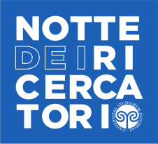 White writing Notte dei Ricercatori and Uninsubria Logo on a blue background